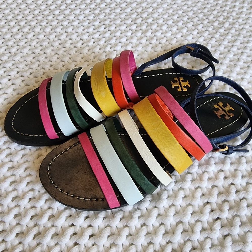 Tory Burch Patos sz 8,5 Ankle Strap Leather Sandals Navy Multi-color